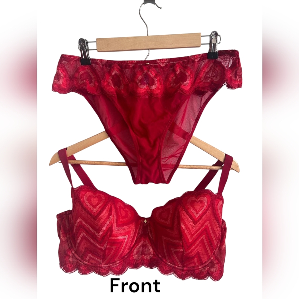 Adore Me Red Lace Bra 42 DD and Panty 1X  Set Hearts Pattern